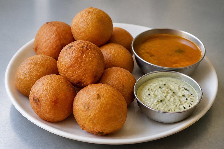 Bonda breakfast with chutney and sambar