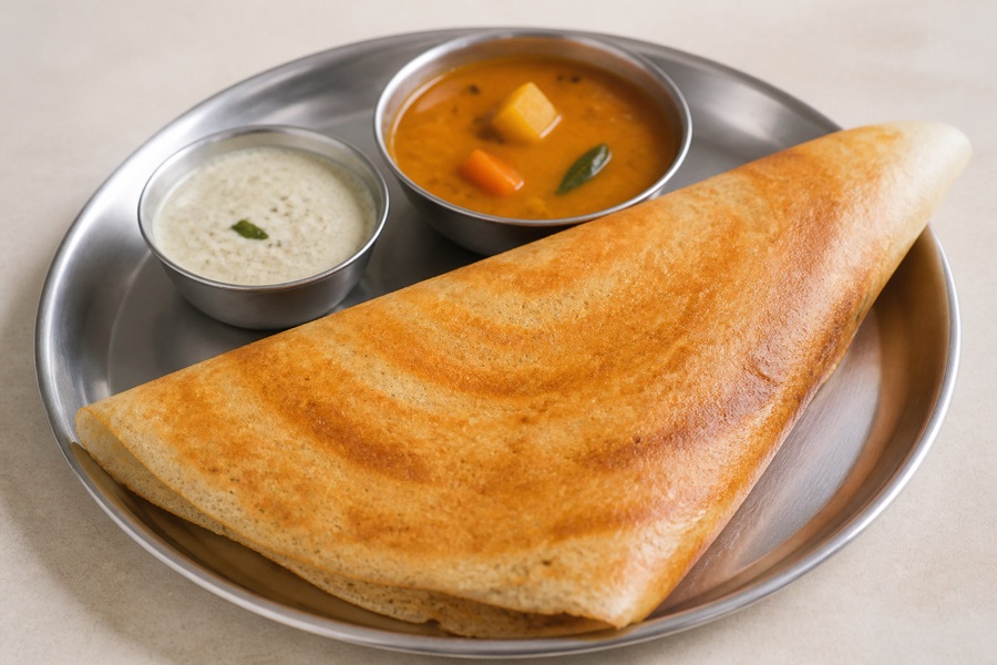 Dosa breakfast with chutney and sambar