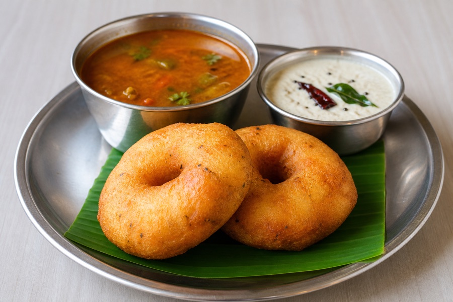 Vada breakfast with chutney and sambar