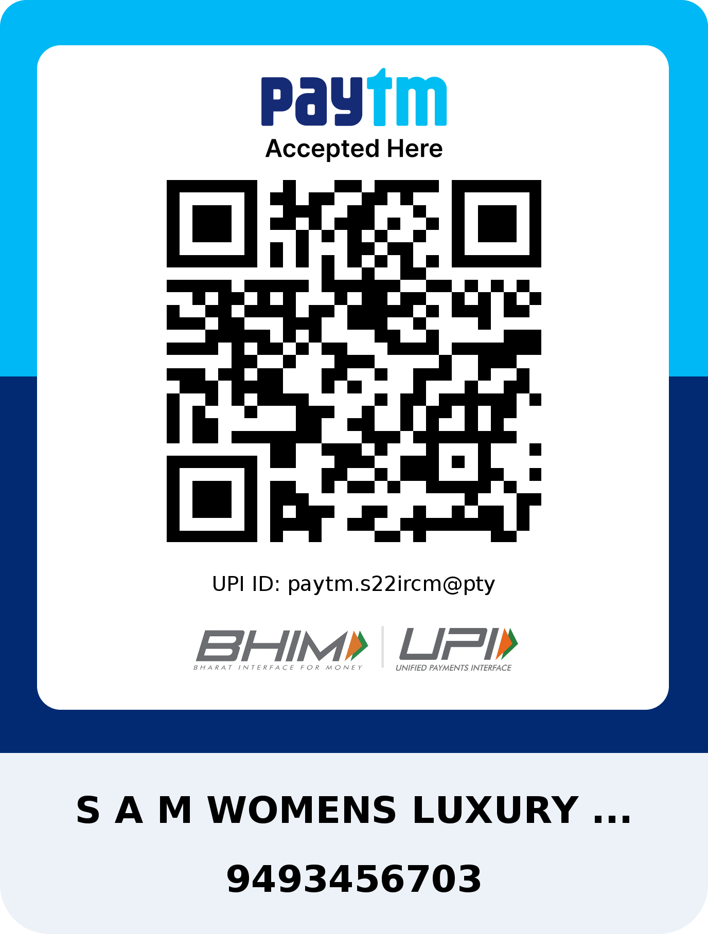 Paytm UPI QR code for S A M Womens Luxury